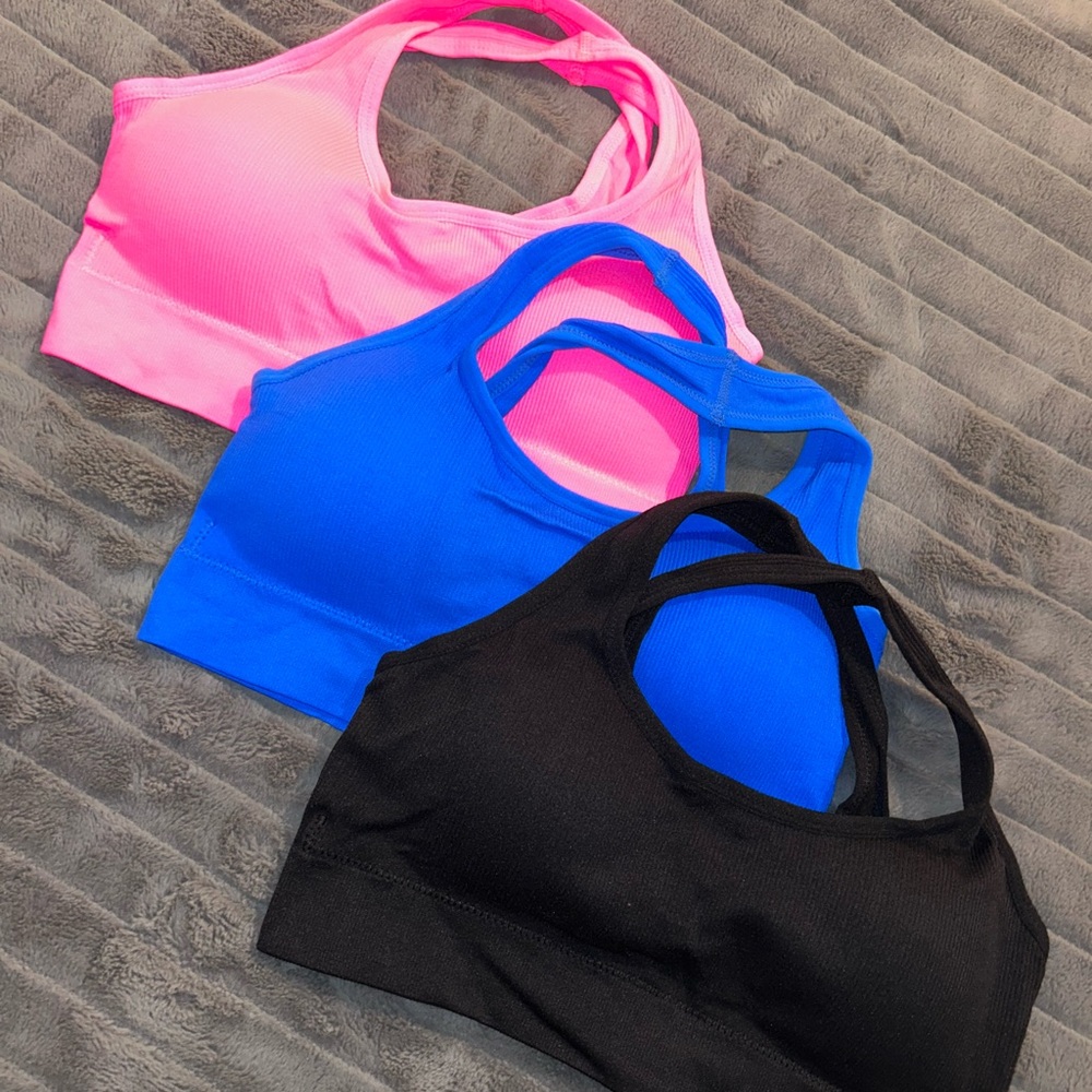 Pink, Blue, and Black SHEIN Sports Bras